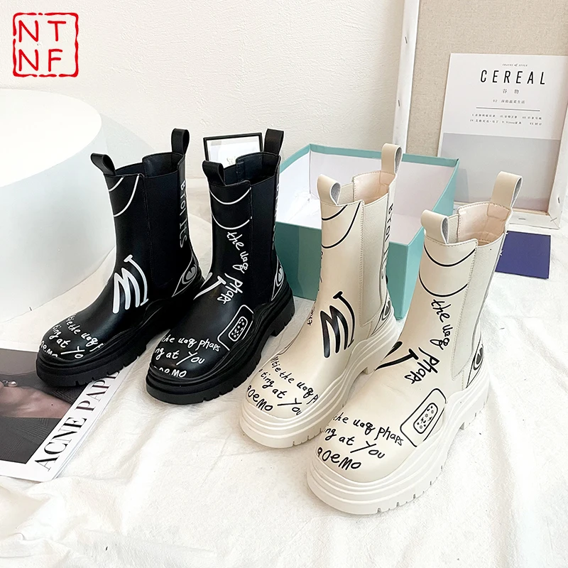 

NTNF/ботильоны; Женская обувь; Модные женские ботинки в байкерском стиле с граффити; Обувь на толстой платформе; Женская обувь; Botas Femininas