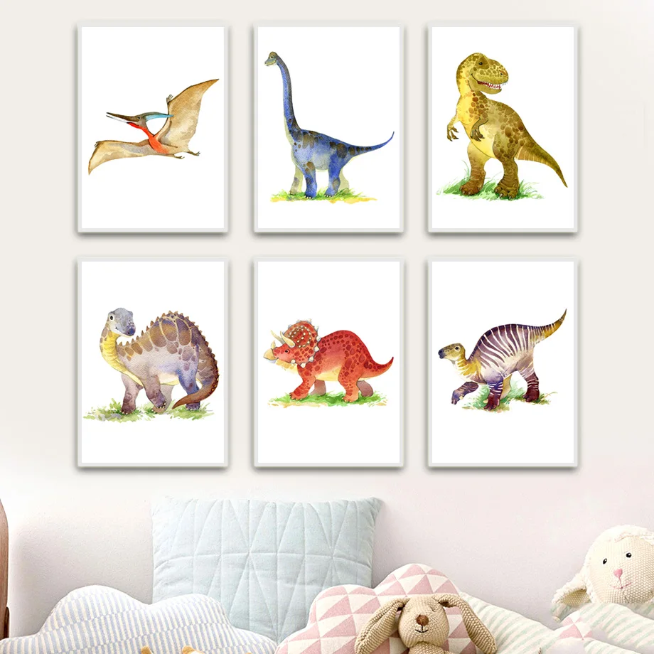 

Color Cartoon Dinosaur Wall Art Canvas Painting Nordic Posters And Prints Animal Wall Pictures For Kids Room Baby Bed Room Decor
