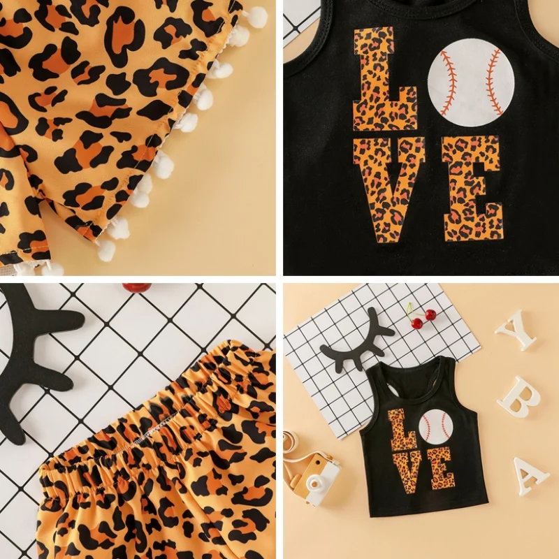 Kids Girls Clothes Set Summer Casual T Shirt Sleeveless Baseball Tops Leopard Short Pants Kit Children Clothing Outfit 2pcs | Детская