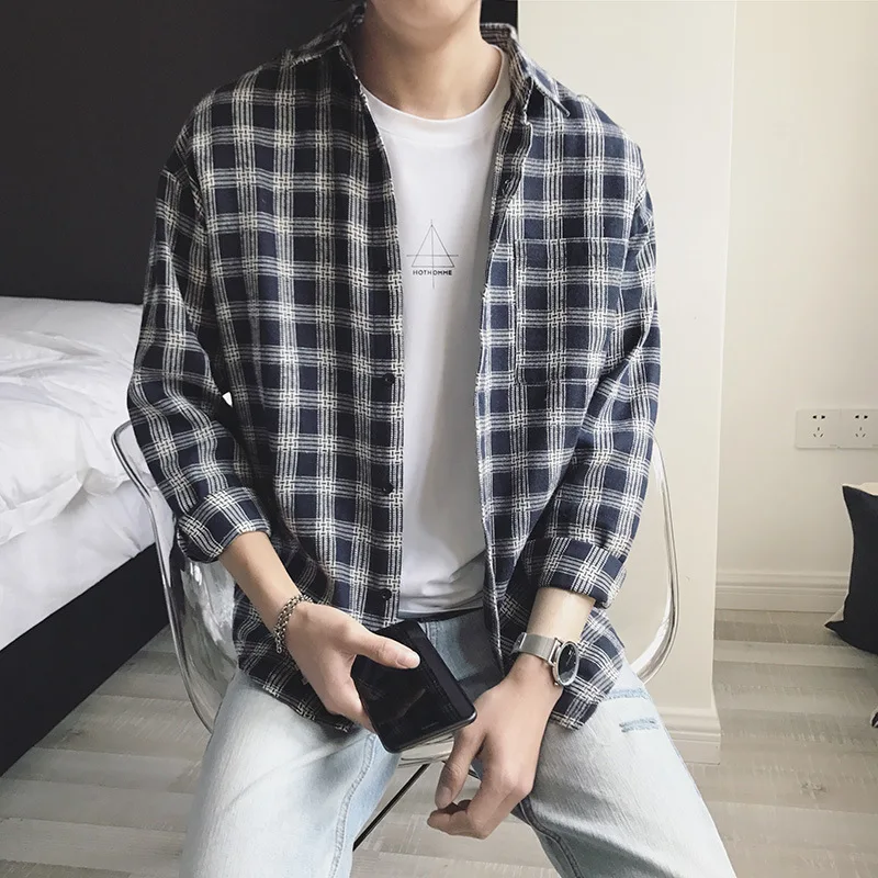 Демисезонная облегающая в клетку Мужская Повседневная рубашка с длинными