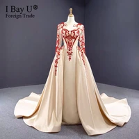 dubai champagne luxury long sleeves evening dresses 2020 round neck handmade red pearl crystal sexy evening gowns plus size