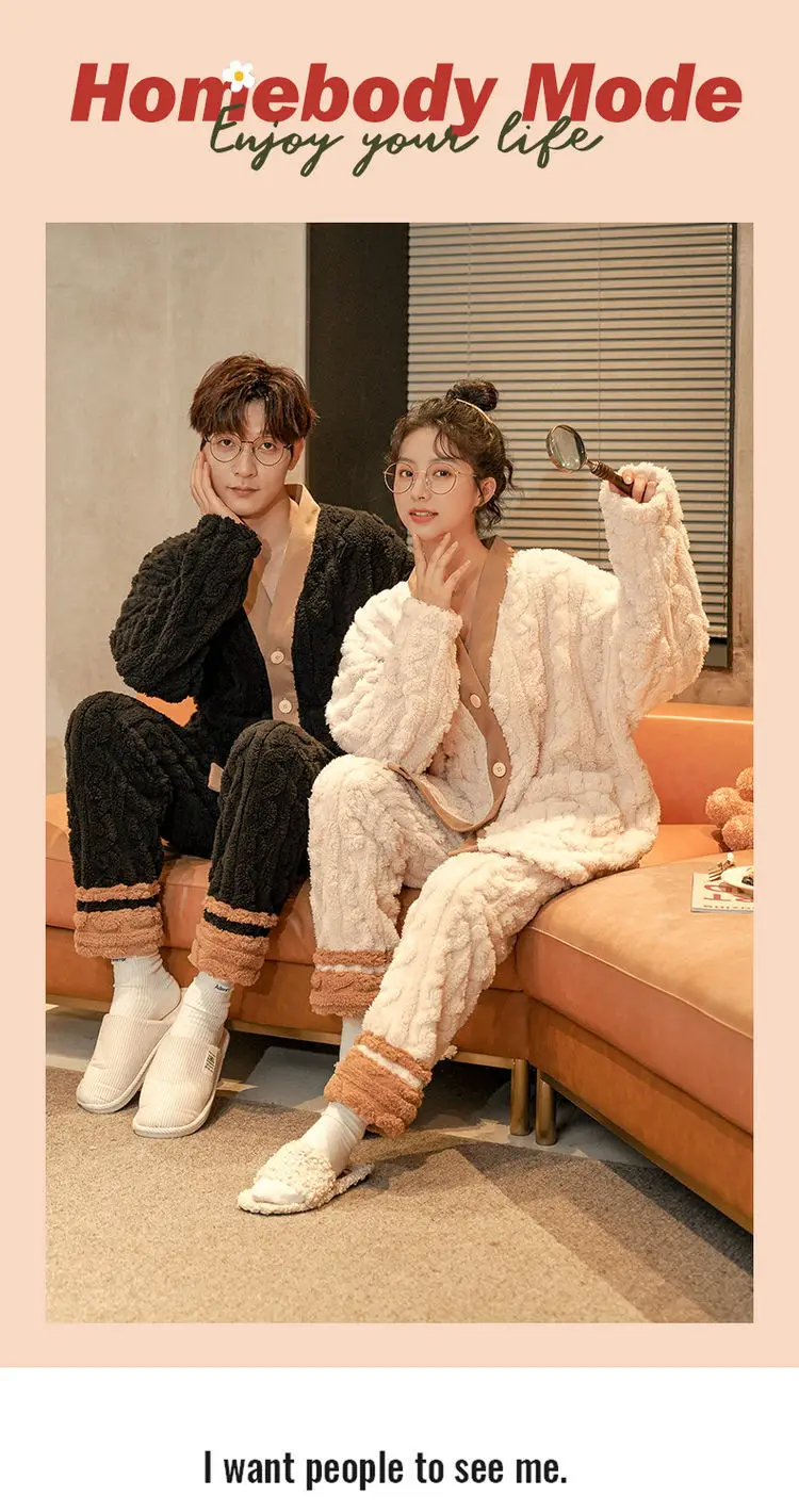 Couple Pajamas Coral Velvet Autumn and Winter Thickened Plush Men's and Women's Lovely Warm Home Set  Fashion Pajamas for Women