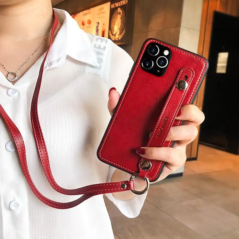 

Business Leather Wrist Strap Bracket Phone Cases for iPhone 11 11Pro 11Pro Max 12 12Pro 12Pro Max Soft Edge Shell with Long Rope
