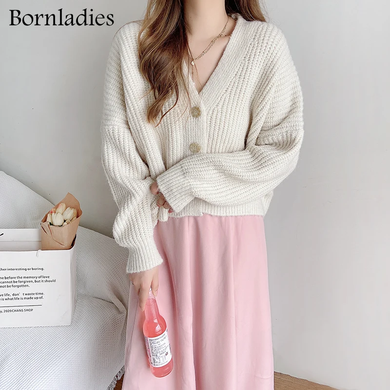 Bornladies Vintage V Neck Soft Warm Loose Women Knitted Cropped Cardigan Elegant Full Sleeve Single-breasted Female Sweater Coat |