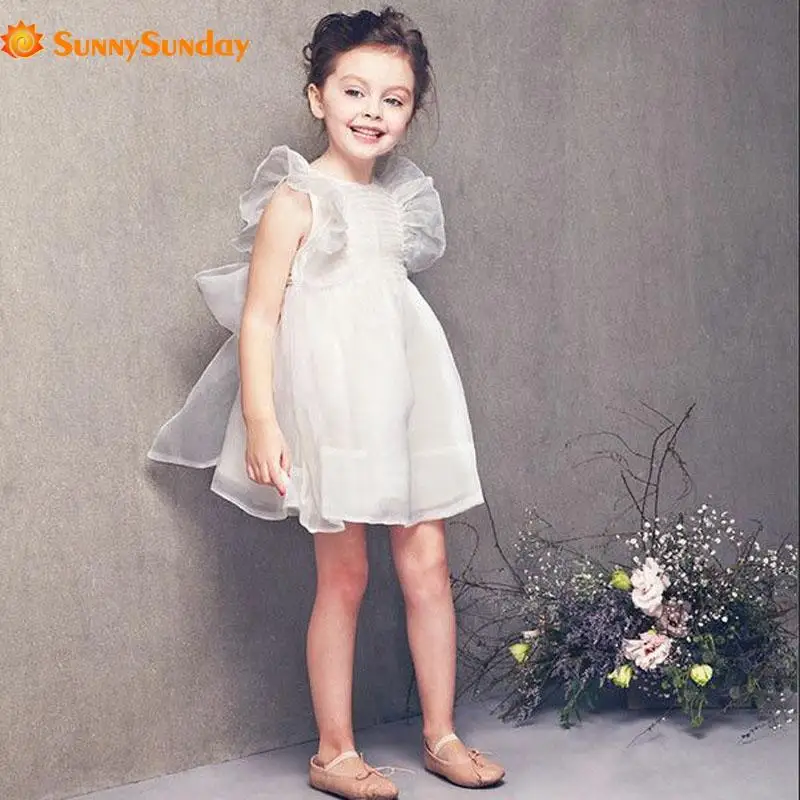 

Cute! Sweet! Girls Solid Mesh Tutu Dresses Summer Cotton Petal Sleeve Bow O-Neck Knee-Length Dress Princess For Wedding Party