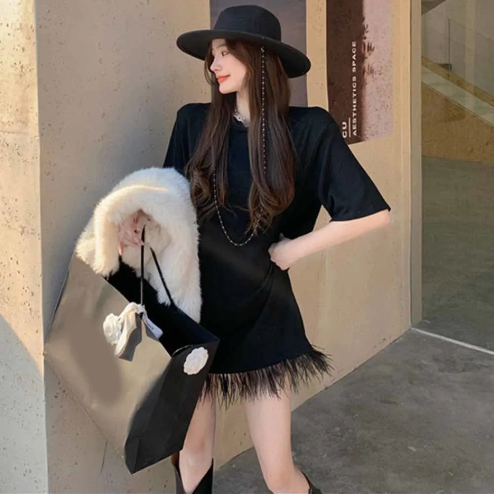 

Футболка женская с коротким рукавом, Свободный Повседневный Топ средней длины в Корейском стиле, украшенный перьями, на лето