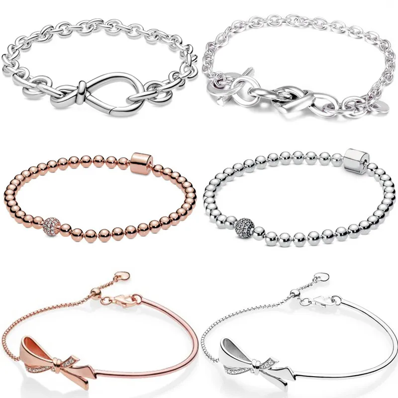 Chunky Infinity Knotted Heart Rose Beads Pave Crystal Sliding Bracelet Bangle Fit Europe 925 Sterling Silver Bead Charm Jewelry
