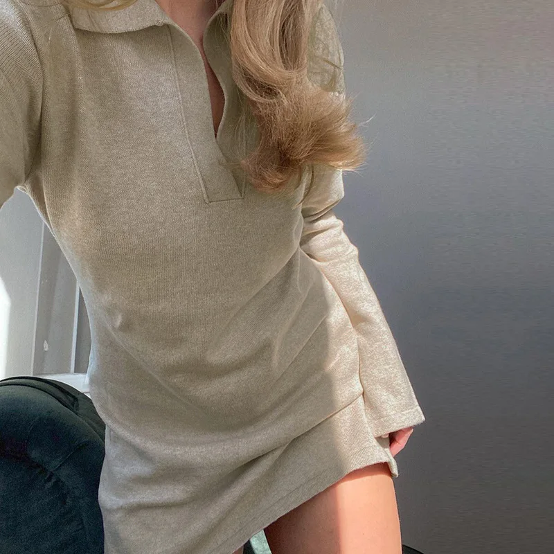 

Осень 2021, женское винтажное платье-рубашка с длинным рукавом, модное женское однотонное облегающее мини-платье с отворотом и высокой талией...