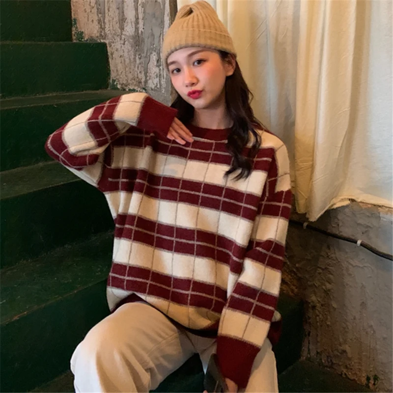 

Japanese Style Vintage Striped Sweater Women Winter Retro Kong Style Loose Korean Style Ins Idle Style Mori Style Small