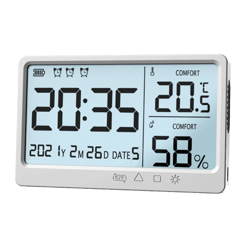 

High Precision Temperature Humidity Meter Clock Alarm LCD Large Screen ℃/℉ Switchable Calender Snooze Function Desktop