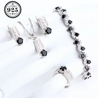 luxury fine 925 silver jewelry sets black zircon stone earrings pendants bracelets rings wedding jewelry necklace set for women