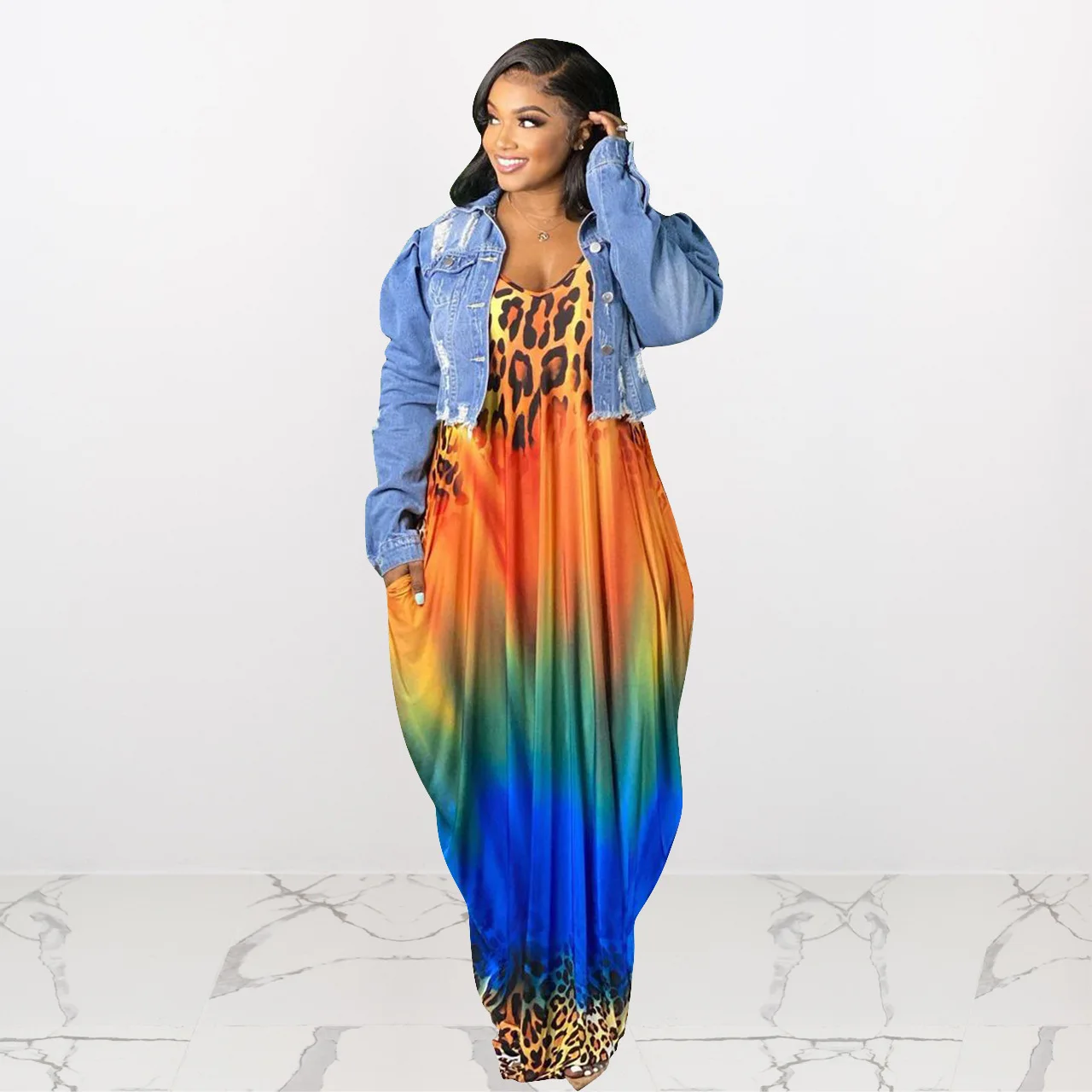 

XL-4XL Plus Size Women Clothing Summer Dress 2022 Leopard Gradient Print Sleeveless Suspender Dressed Wholesale Dropshipping