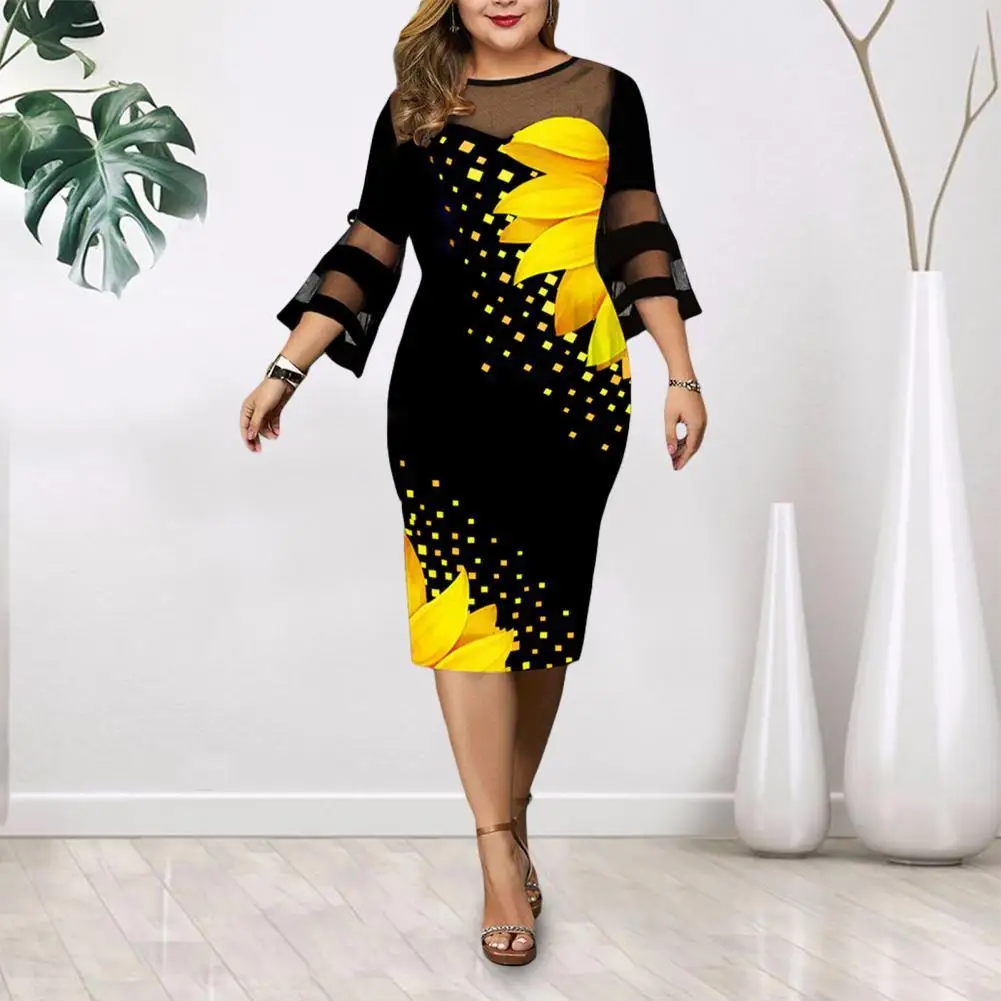 

Women Dress Summer Digital Print Mesh Patchwork Elegant Flare Sleeve Mid-Calf Bodycon Dress for Women 2022 Wedding Party Wear