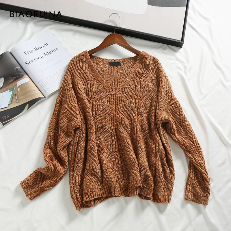 BIAORUINA Женский Одноцветный трикотажный свитер из синели женский милый пуловер с