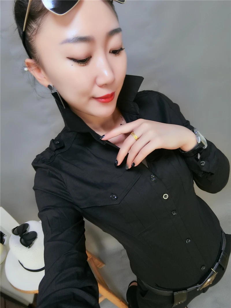 

2020 Autumn long sleeve turn down collar pockets deco army green shirts women office work cotton shirts lady OL cotton tops