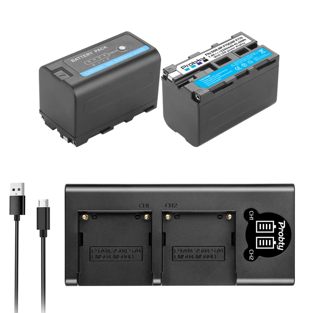 

7.4V 6200mAh NP-F770 NP-F750 Li-ion Battery + LED USB Dual Charger For Sony NP F970 F960 F550 F570 QM91D CCD-RV100 TRU47E