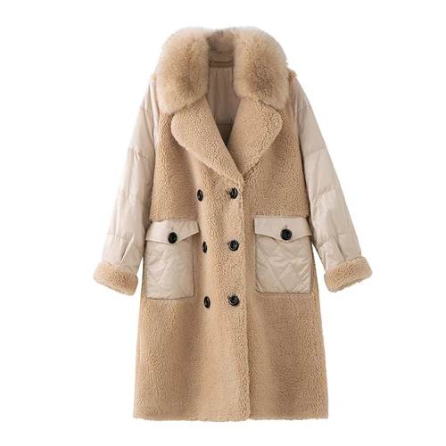 beige Real Fur Coat Female Wool Jacket Fox Fur Collar Sheep Shearling Autumn Winter Coat Women Clothes Korean Down Coat ZT4287 - Цвет: beige