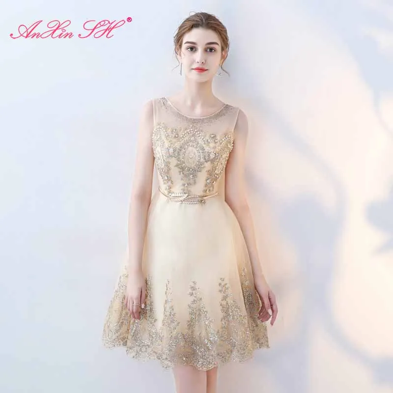 

AnXin SH princess o neck sleeveless short champagne lace evening dress vintage beading crystal party illusion lace evening dress