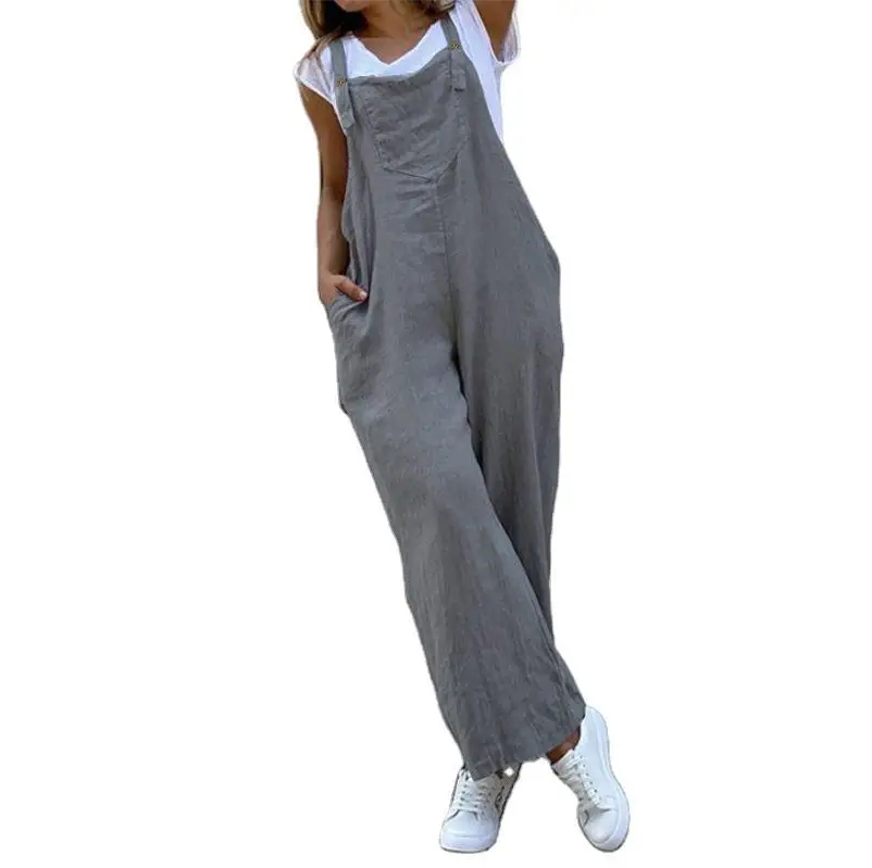 

Fashion Cotton and Linen Solid Color Straps Overalls Women Autumn New Women's Wide Leg Pants AAA Quality
