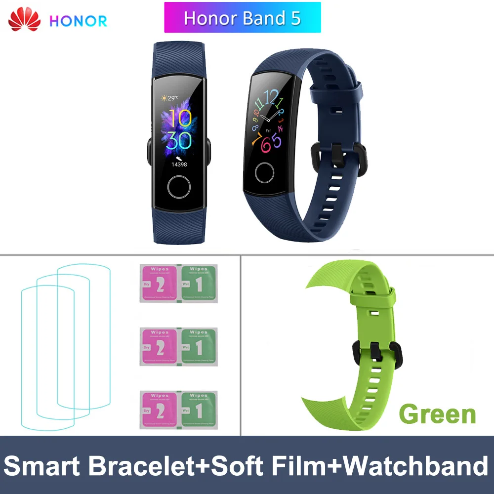 Blue add Green Strap HONOR Band 5 фитнес умный Браслет мониторинг сердечного ритма 5 АТМ водонепроницаемый плавающий Bluetooth 4,2 смарт часы наручные часы - Цвет: Blue add Green Strap
