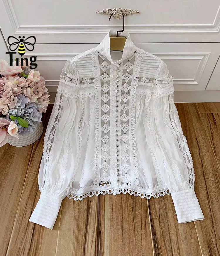 Tingfly Designer Runway Stand Open Collar Rivet Blouse Women Casual Full Lantern Sleeve Hollow Cut Out Shirt TopS Female Shirt
