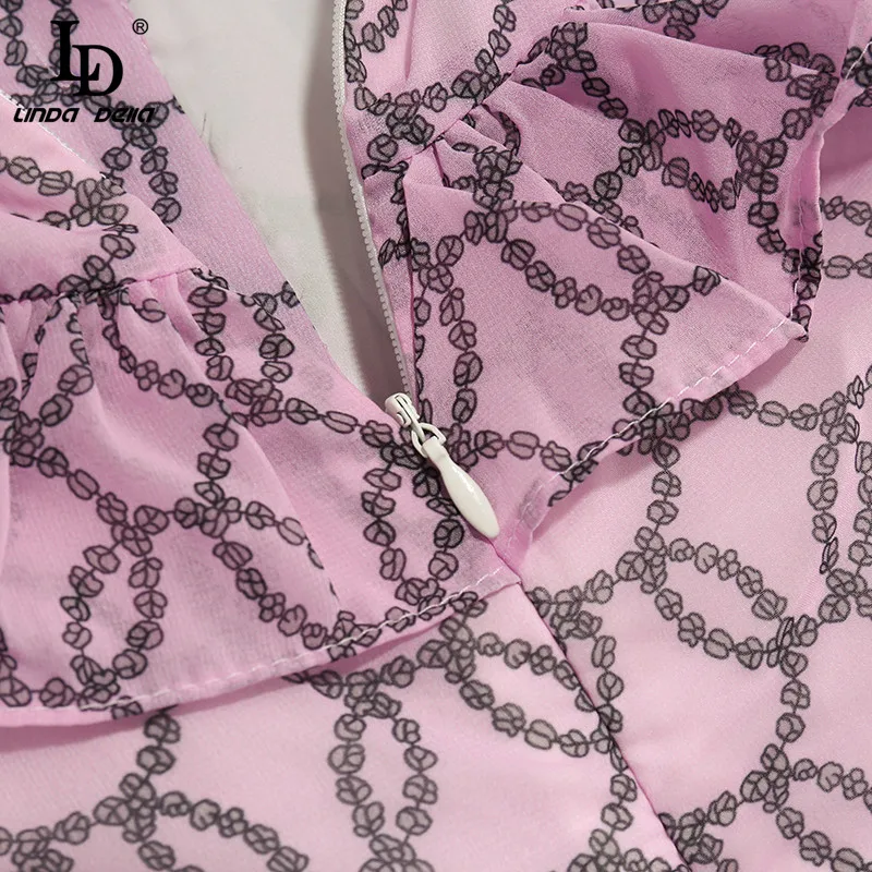 

LD LINDA DELLA Fashion Runway Summer Vintage Dress Women Butterfly Sleeve Ruffles Print Chiffon A-Line Holiday Midi Dress Ladies