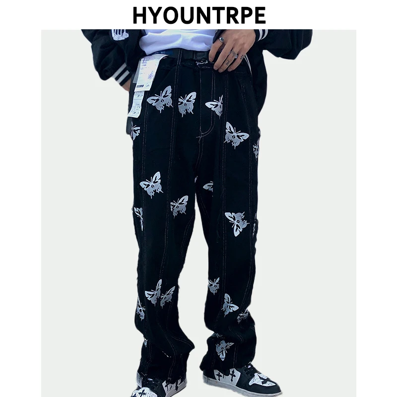 

High Street Butterfly Printed Patchwork Denim Pants Mens Casual Zipper Straight Trouser Loose Pants Hip Hop Joggers Streetwear