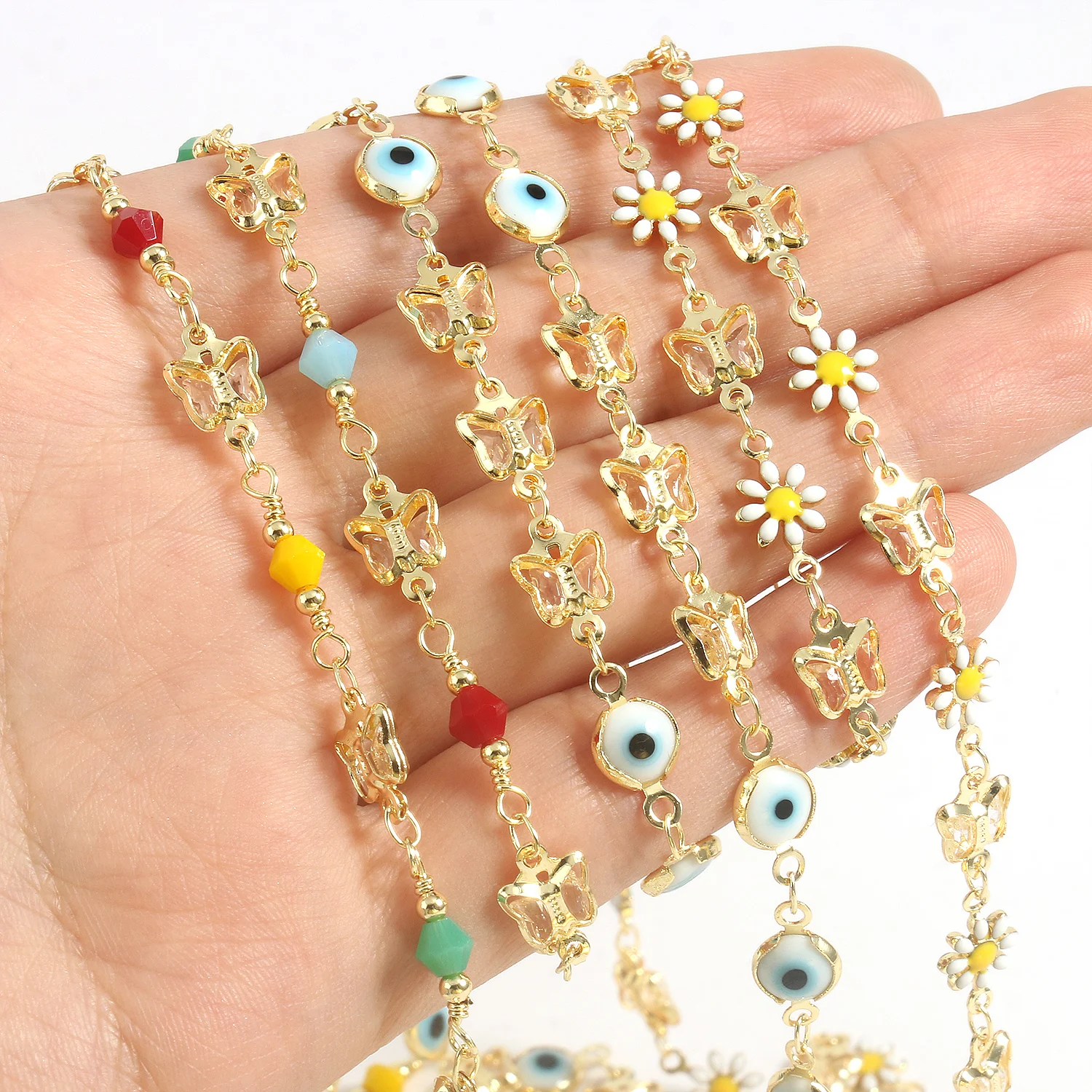 

1Meter Gold Color Devil's Eyes Butterfly Heart Shape Pearls Chains for Bracelets Necklace Ankles Jewelry Making DIY Accessories