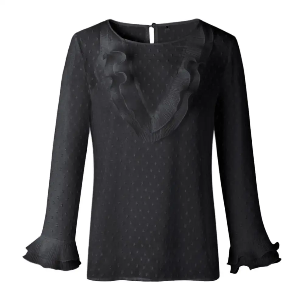 Black Feitong Women Ladies Blouses And Tops Casual Ruffles Lace Polka Dot O Neck Shirt Long Sleeve Blouse blusas mujer de moda - Цвет: Black