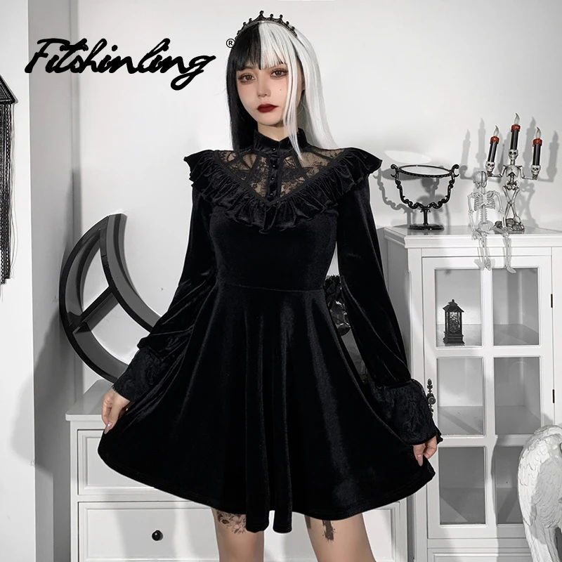 

Fitshinling Ruffled Goth Dress Lace Embroidery Dresses Flounces Long Sleeve Vestido Feminino Dark Robe Velvet Street Style
