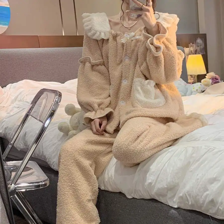 Sweet Plush Pajamas Winter Women's New Ruffled Sweet Princess Home Clothes Two-piece Set  Pajamas for Teen Girls