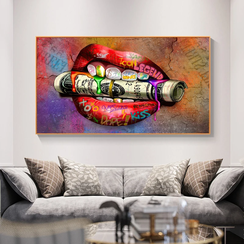 

Sexy Lips Money Temptation Graffiti Poster Print on Canvas Cuadros Decorative Wall Art Picture Living Room Home Decor