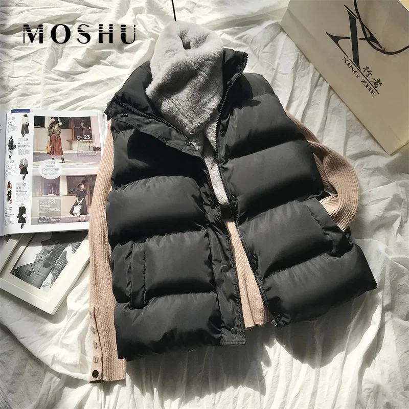 

Sleeveless Parkas Jacket Women Winter Warm Cotton Padded Gilets Black Outerwear Ladies Puffer Vests Female Black Bodywarmer