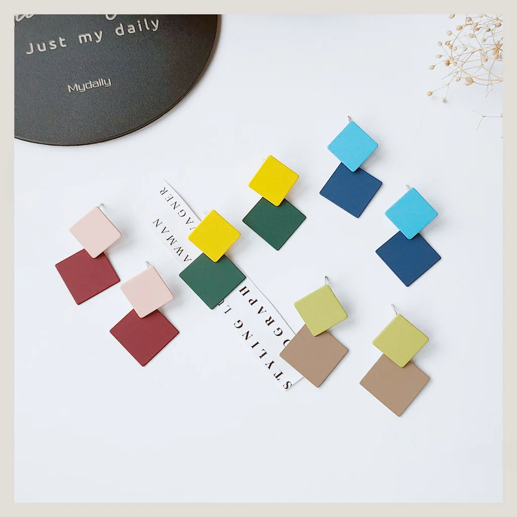 

2021 trend Painted square Women's earrings hit color girl heart fashion jewelry ​Korean style temperament all-match Stud earring