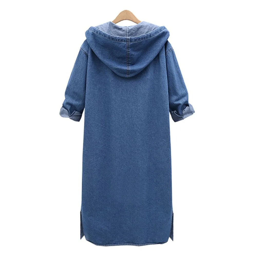 Женское джинсовое пальто с открытым капюшоном однобортное длинное осенняя