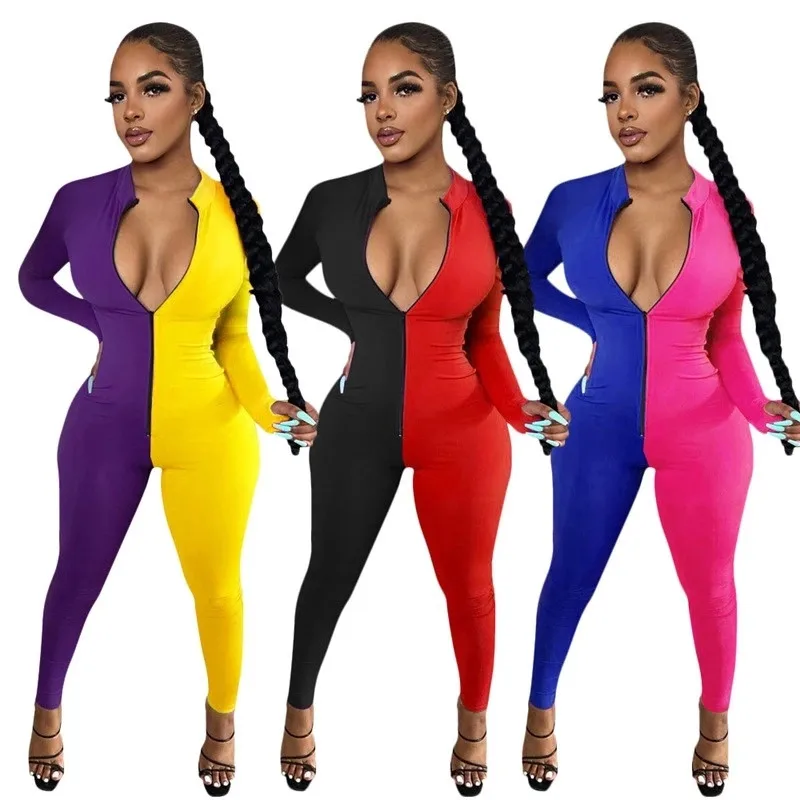 

Workout Active Wear Rompers Womens Color Block Zipper Jumpsuit Sporty Long Sleeve Clubwear Party Jumpsuits Sexy Bodycon Bodysuit