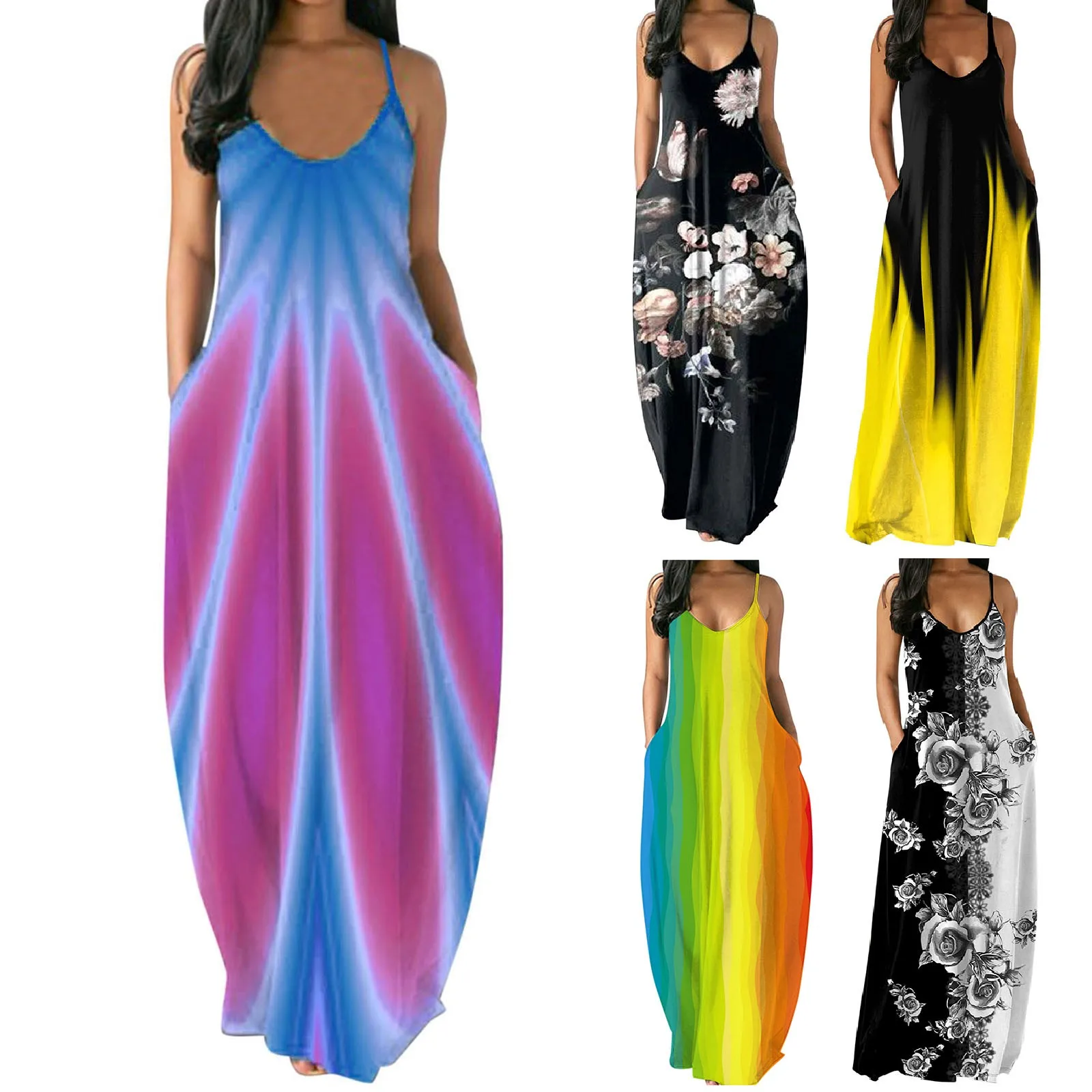 

Summer Boho Sexy Elegant Women's Dresses 2021 O-neck Flower Print Sleeveless Plus Size Pullover Long Dress vestido de mujer#40