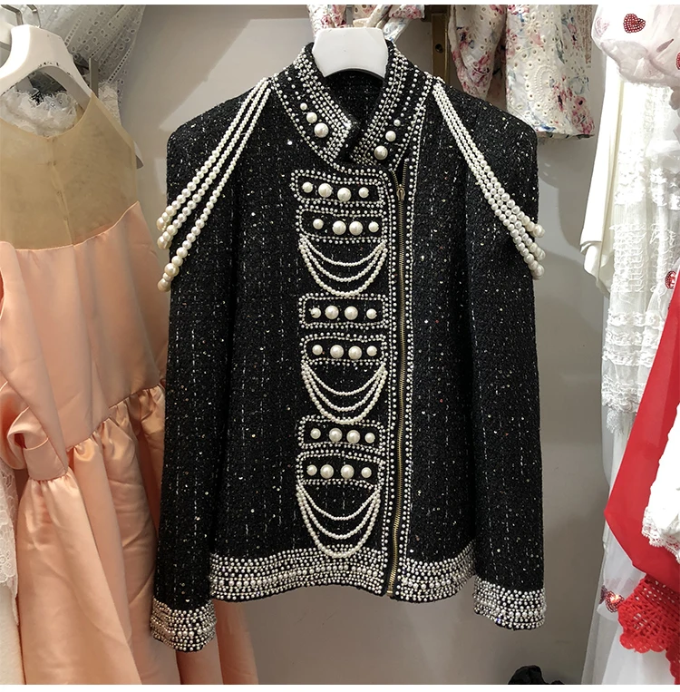 Модное женское твидовое пальто с жемчугом и бисером весна осень