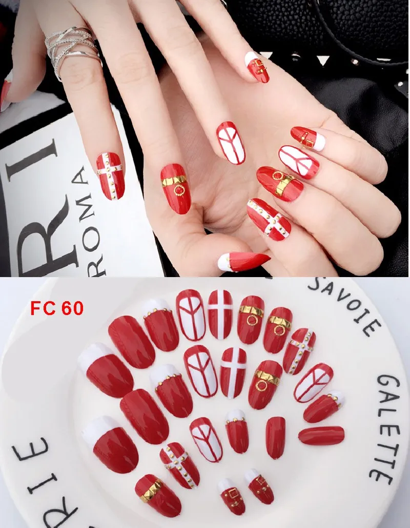 FC 60 24 шт./компл. элегантные накладные ногти черный, белый цвет полоса Цвет микс шикарные короткие накладные ногти для ног с жемчужные стразы квадратные акриловые накладные ногти - Цвет: FC 60