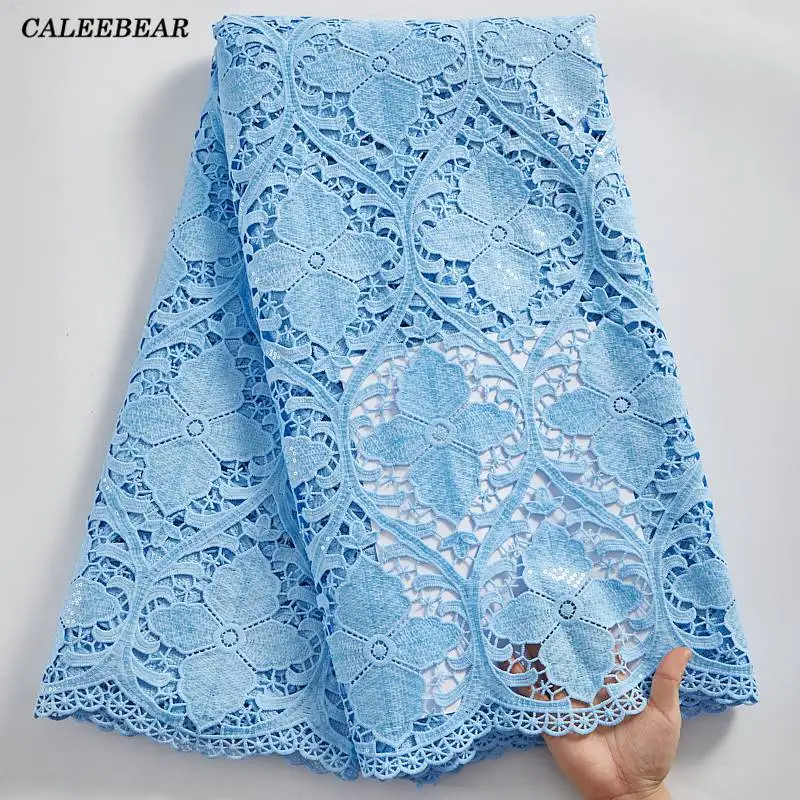 

African Lace Fabric 2021 High Quality Sky Blue Lace Sequined Water Soluble Guipure Cord Fabric 5Yards Bridal Lace Material S2411
