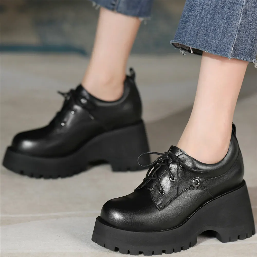 Platform Pumps Shoes Women Lace Up Genuine Leather Chunky High Heels Ankle Boots Female Round Toe Punk Creepers Casual Shoes