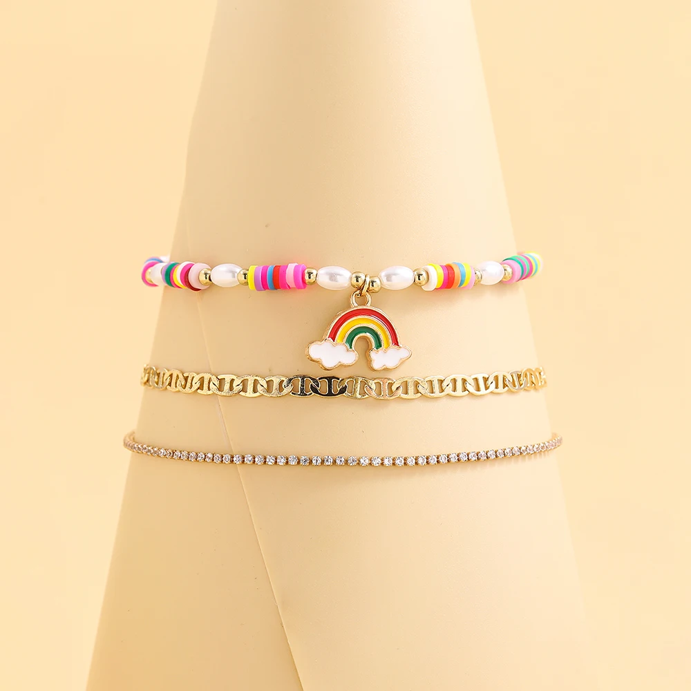 Набор из 3 браслетов Bohemia Pearl с яркими полимерными глиняными дисками и бусинами, модный геометрический россыпью радужных цветов с цветными кристаллами CZ на цепочке.