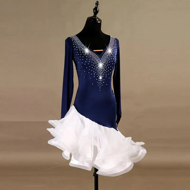 

Custom Women Long Sleeve Blue Latin Dance Dress Salsa Samba Competition Dresses Rumba Tango Performance Dancing Wear