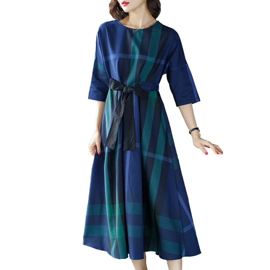 

2021 Korean Vintage Cotton Linen Midi Dresses Summer New Plus Size Plaid Classy Boho Maxi Sundress Women Bodycon Party Vestidos