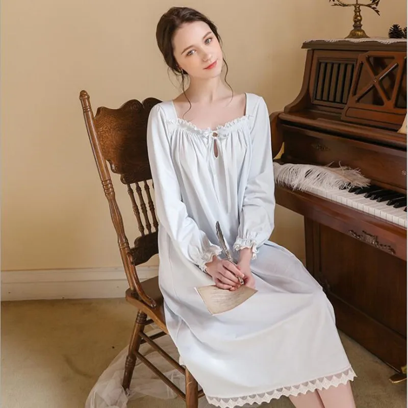 2021 Women White Nightgown Sleepwear Lady Spring Autumn Long Sleeve Nightdress Loose Princess Nightgowns Comfortable Pure Cotton