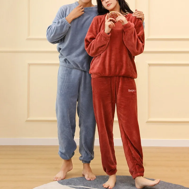 Pajamas For Couples Set Thick Warm Coral Fleece Homewear Winter Lounge Men's Clothing Soft Loose Pajamas Women Home Clothes Suit