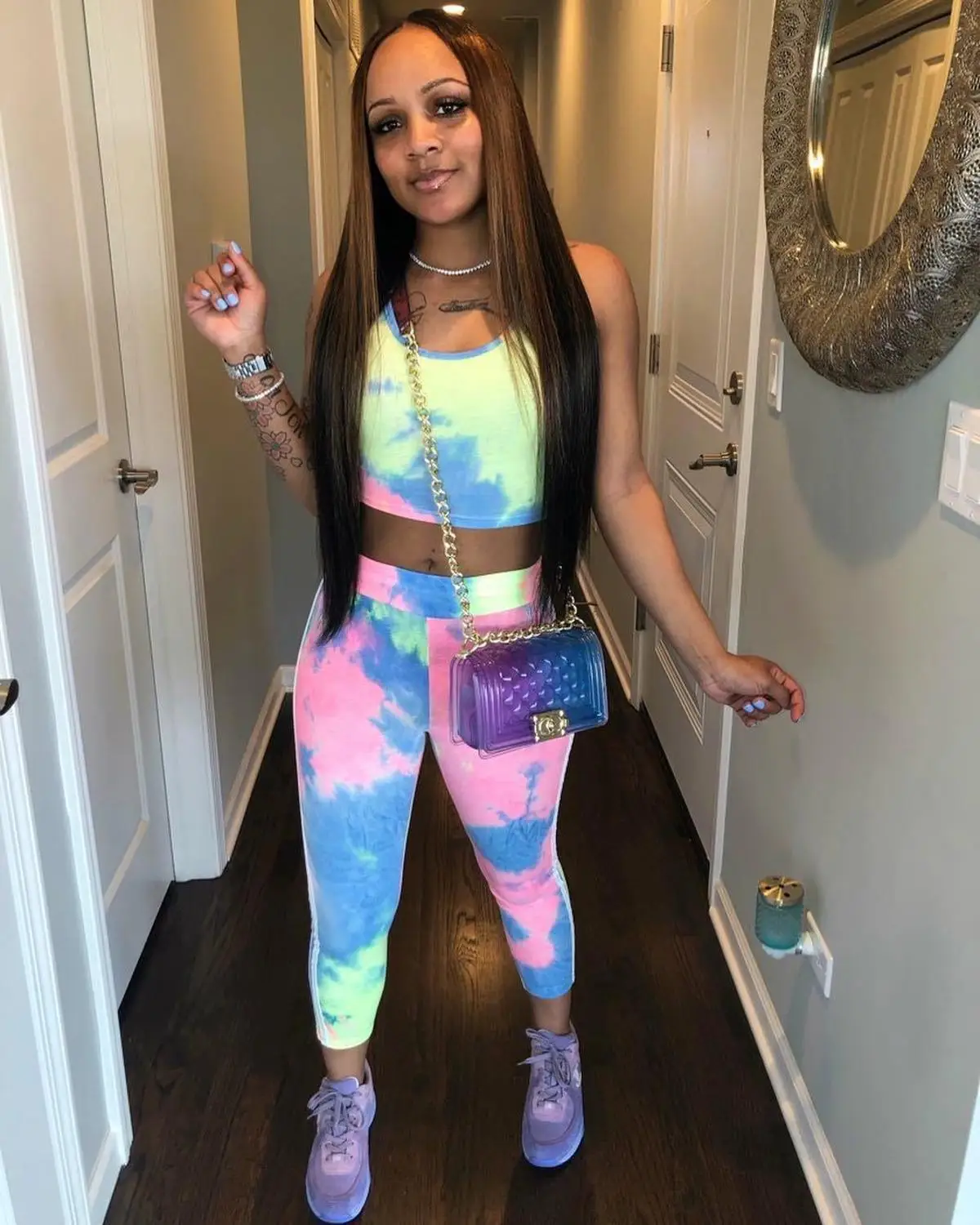 

young party women fashion Tie-dye sling u collar backless crop top and tight leggings 2 pieces set high street lady fashion sset