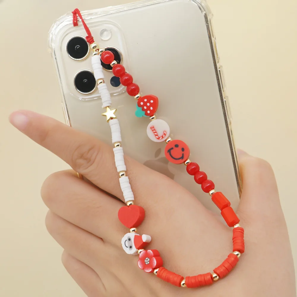 

Fashion Cute Five-Pointed Star White Red Soft Clay Christmas Snowman Strawberry Smiley Mobile Phone Chain Lanyard Women Jewelry