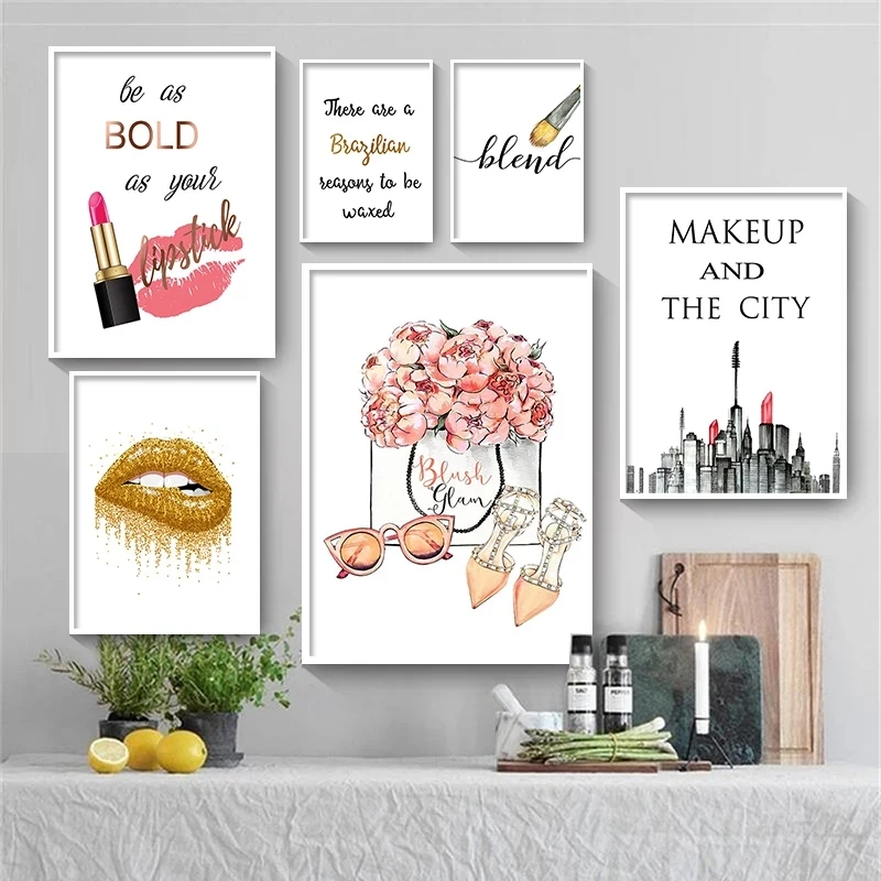 

Скандинавский розовый макияж искусство Золотая фольга накладные ресницы Холст Картина постеры с принтом тени для век картины для девочек с...