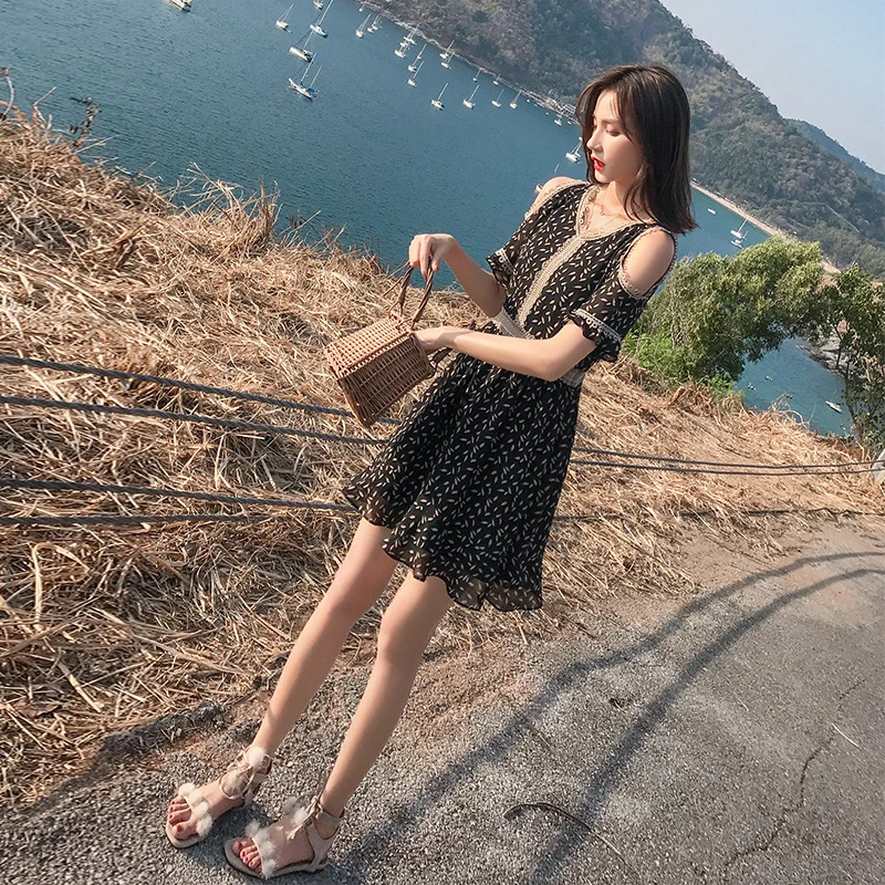 Новинка весны 2021 шифоновое Цветочное платье с открытыми плечами и небольшой